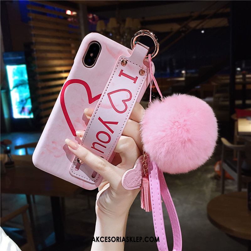 Futerał iPhone Xs Różowe Futrzany Pompon Wiszące Ozdoby Super All Inclusive Obudowa Na Sprzedaż