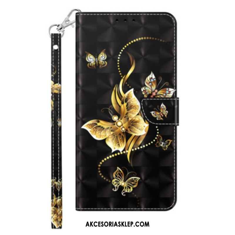 Etui Na Telefon Pokrowce do iPhone 14 Pro z Łańcuch Złote Motyle Z Paskiem