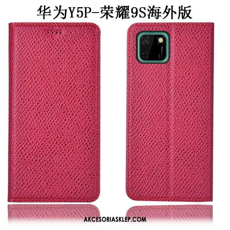 Futerał Huawei Y5p Czerwony Anti-fall Wzór Siatkowe Prawdziwa Skóra Etui Online