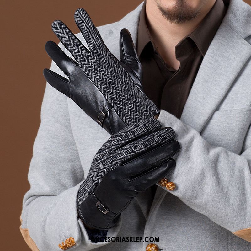 Rękawiczki Męskie Prawdziwa Skóra Aksamit Zima Jazdy Ekran Dotykowy Tanie