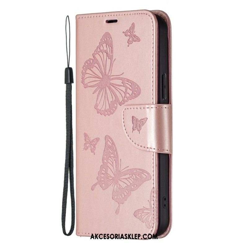 Etui Folio Do iPhone 16 Plus Drukowane Motyle Ze Smyczą