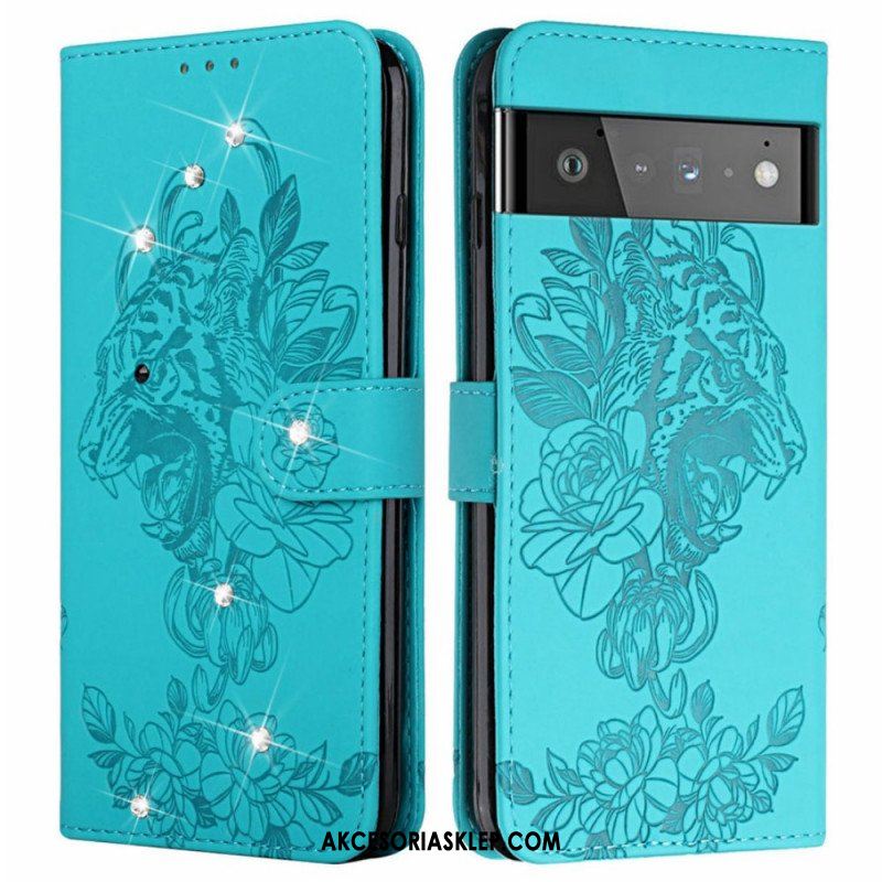 Etui Folio do Google Pixel 6 Barokowy Tygrys I Strass