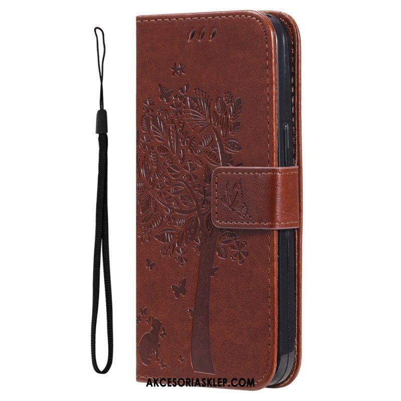 Etui Folio do Honor Magic 5 Lite z Łańcuch Drzewo I Pasiasty Kot