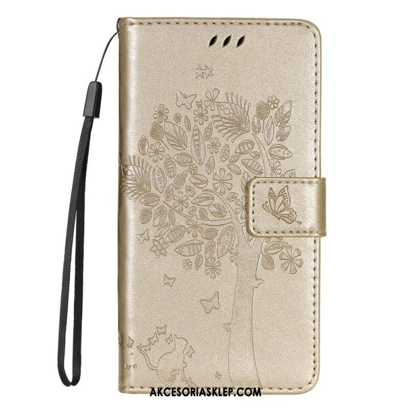 Etui Folio do Moto G73 5G z Łańcuch Drzewo I Pasiasty Kot