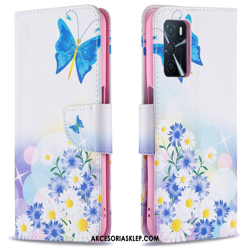 Etui Folio do Oppo A16 / A16s Malowane Motyle I Kwiaty