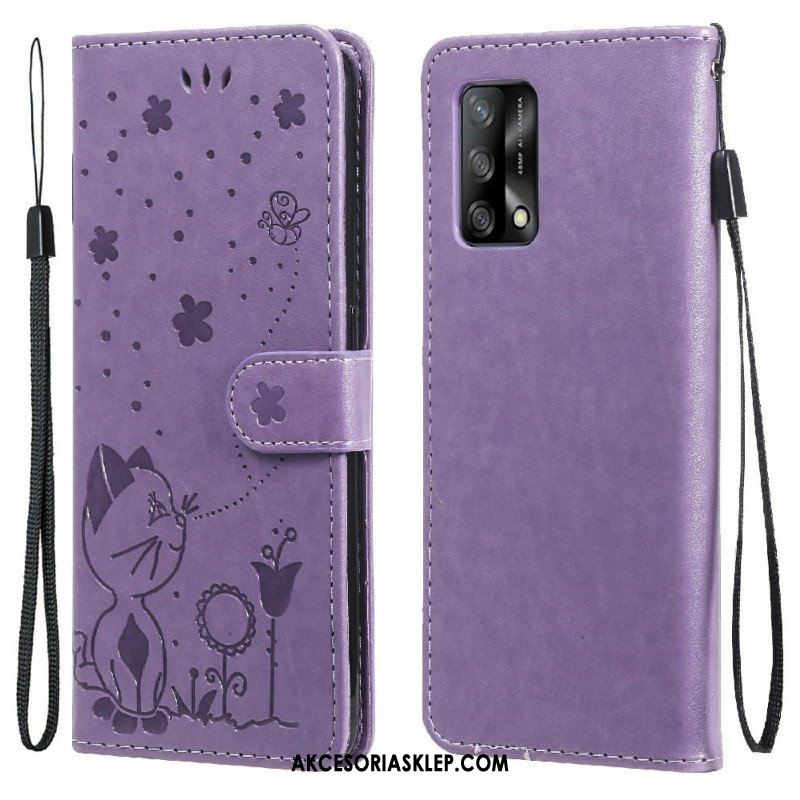 Etui Folio do Oppo A74 4G z Łańcuch Kot I Pszczoła Z Smyczą