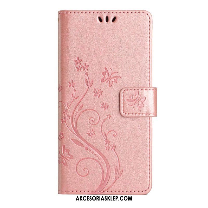 Etui Folio do Samsung Galaxy A54 5G z Łańcuch Kwiaty I Motyle Z Paskiem