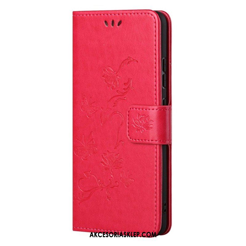 Etui Folio do Samsung Galaxy M52 5G z Łańcuch Pasek W Motyle I Kwiaty