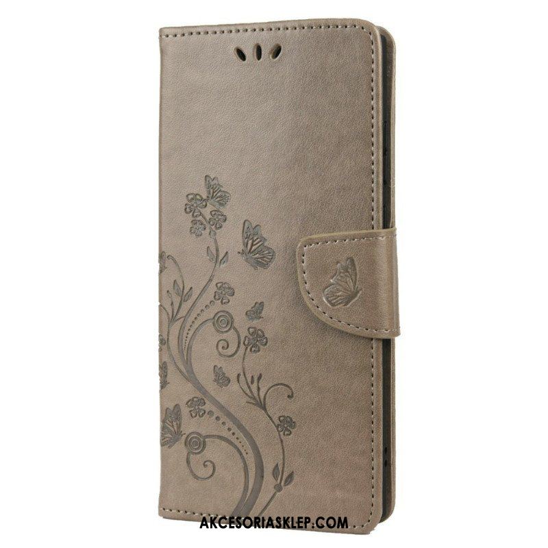 Etui Folio do Samsung Galaxy S22 Ultra 5G Motyle I Kwiaty Z Smyczem