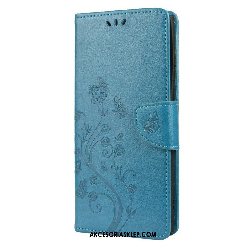 Etui Folio do Samsung Galaxy S22 Ultra 5G Motyle I Kwiaty Z Smyczem