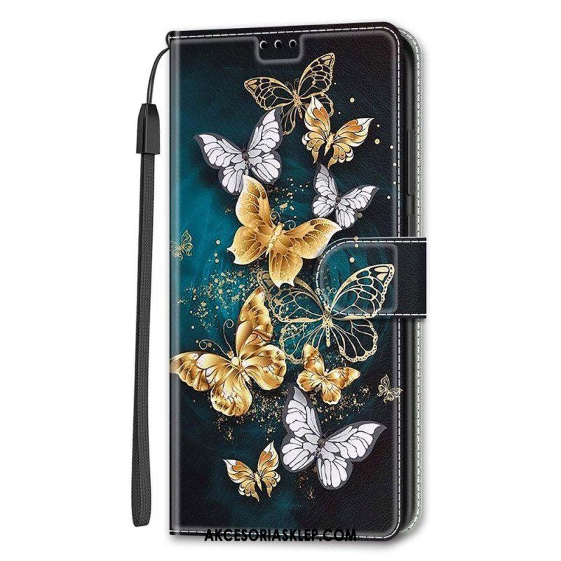 Etui Folio do Samsung Galaxy S22 Ultra 5G z Łańcuch Wachlarz Motyli Na Pasku