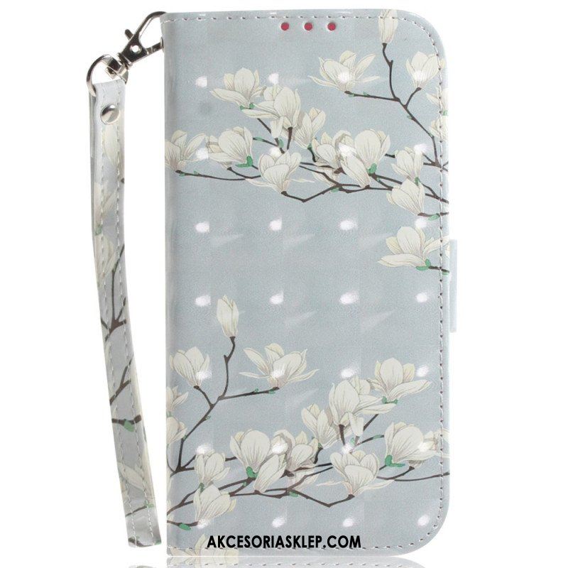 Etui Folio do Xiaomi Redmi Note 12 4G z Łańcuch Paskowate Białe Kwiaty