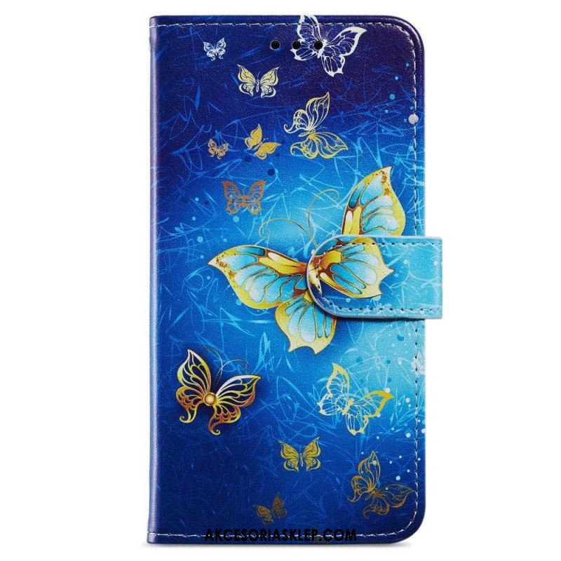 Etui Folio do iPhone 15 Plus z Łańcuch Motyle W Locie Z Paskiem