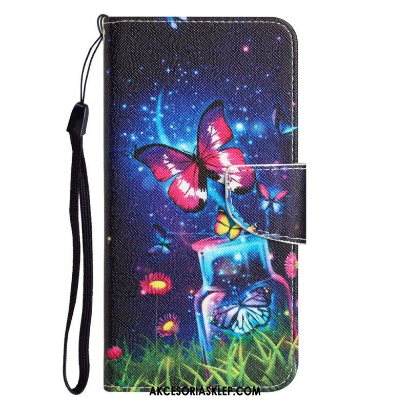 Etui Folio do iPhone 15 z Łańcuch Magiczne Motyle Ze Smyczką