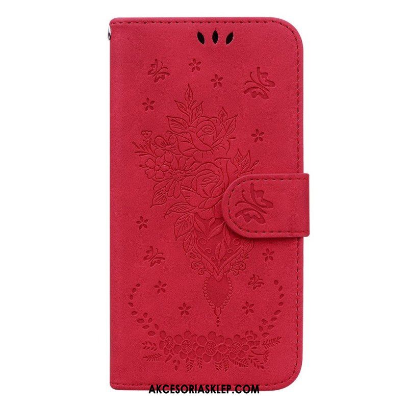 Etui Na Telefon Pokrowce do Samsung Galaxy S23 5G z Łańcuch Wiązane Róże I Motyle