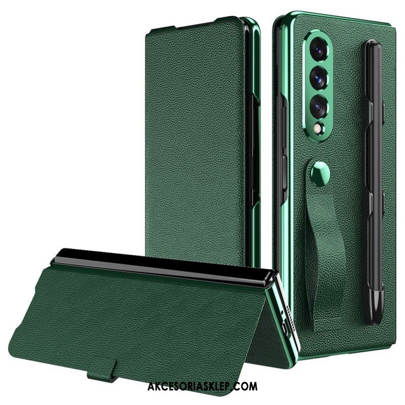 Etui Na Telefon do Samsung Galaxy Z Fold 3 5G Etui Folio Uchwyt I Pasek Ze Skóry Litchi W Stylu Litchi