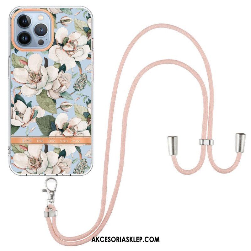 Etui do iPhone 15 Pro Max ze Sznurkiem Kwiaty Kordonu