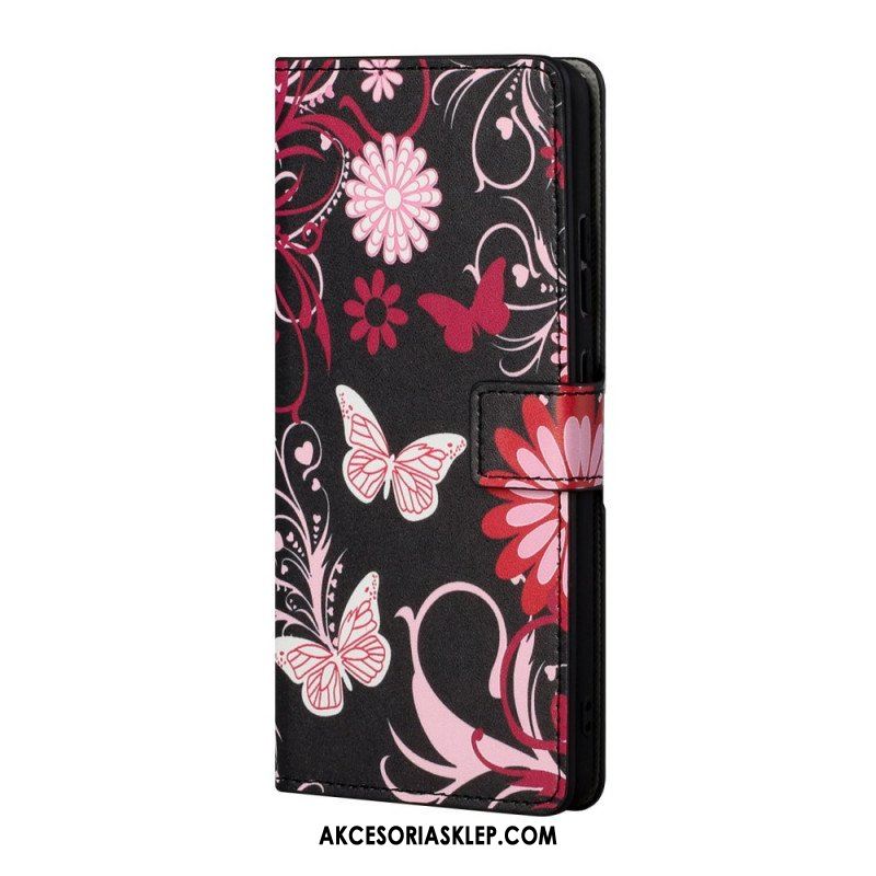 Skórzany Futerał do Xiaomi Redmi Note 11 / 11S Motyle I Kwiaty