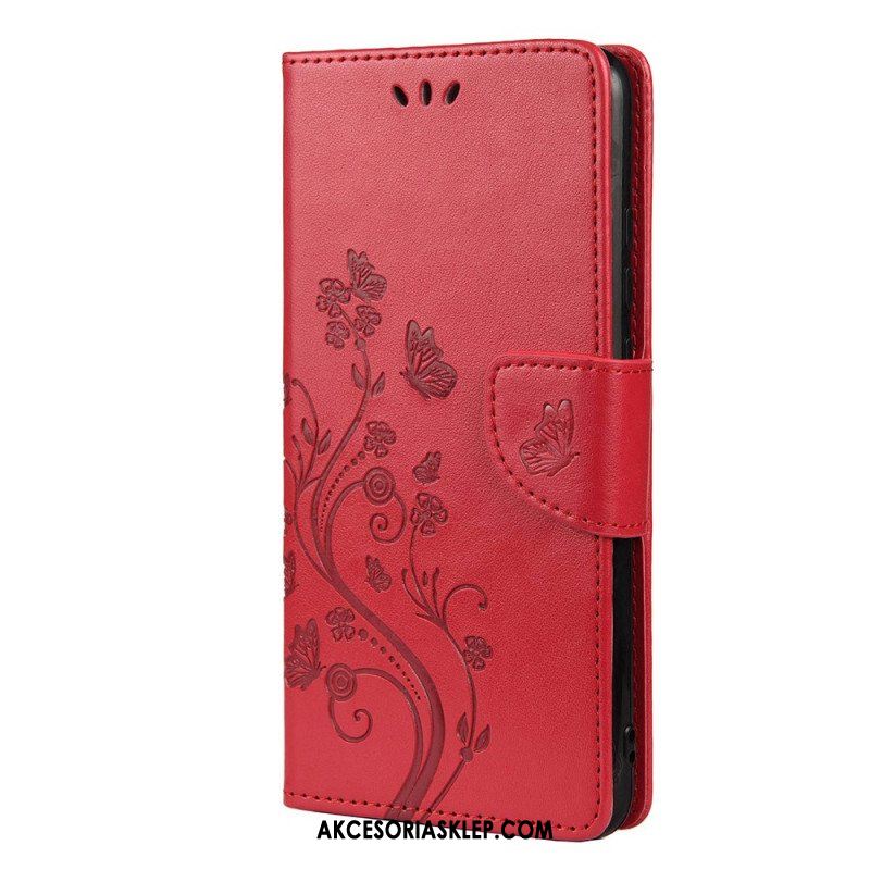 Skórzany Futerał do Xiaomi Redmi Note 11 Pro Plus 5G Motyle I Kwiaty