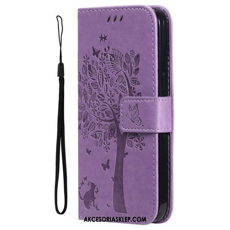 Etui Folio do Honor Magic 5 Lite z Łańcuch Drzewo I Pasiasty Kot