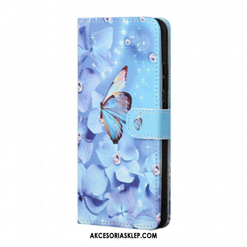 Etui Folio do Samsung Galaxy A13 5G / A04s z Łańcuch Diamentowe Motyle Na Ramiączkach