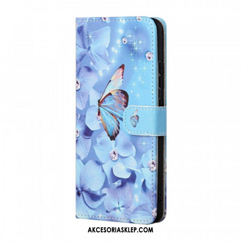 Etui Folio do Samsung Galaxy M23 5G z Łańcuch Diamentowe Motyle Na Ramiączkach
