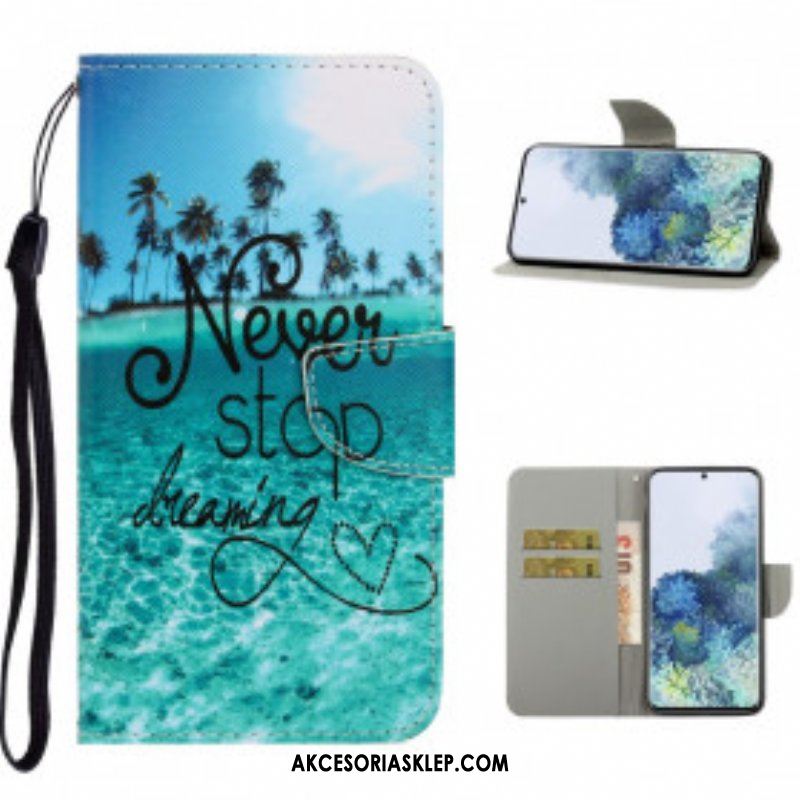 Etui Folio do Samsung Galaxy S21 Ultra 5G z Łańcuch Granatowy Pasek Na Ramiączkach Never Stop Dreaming