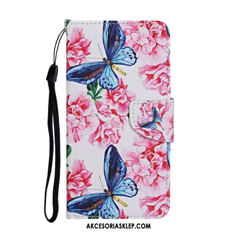 Etui Folio do Samsung Galaxy S22 Ultra 5G Smycz W Kwiaty Motyle