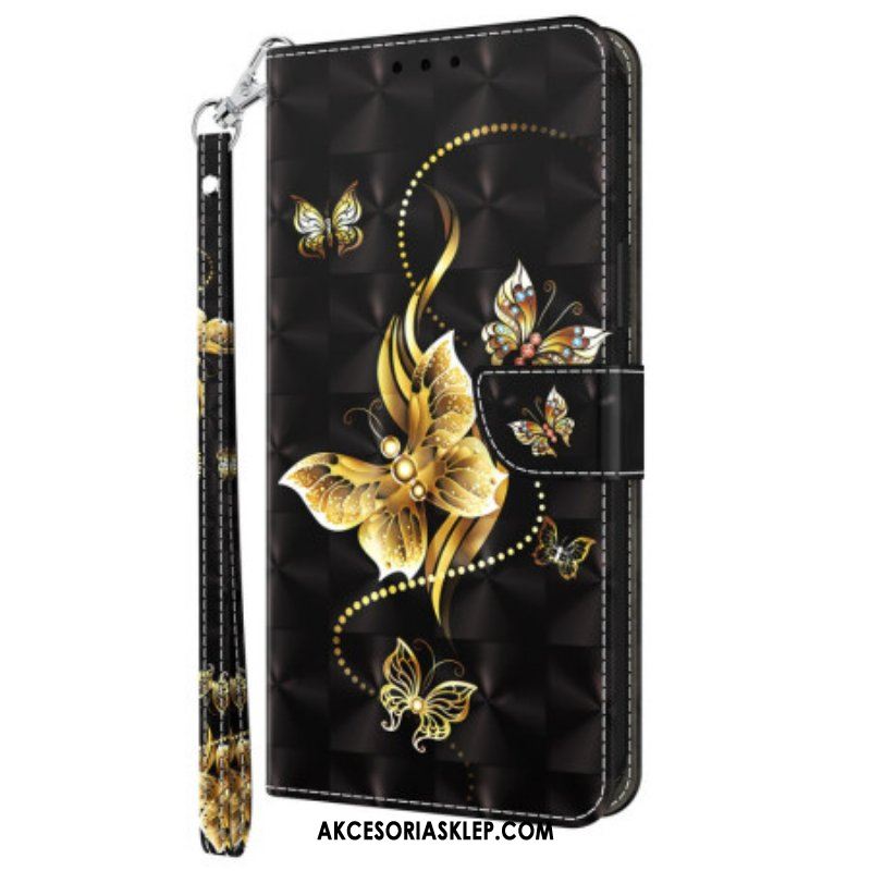 Etui Folio do Samsung Galaxy S23 5G z Łańcuch Motyle Złoty Pasek