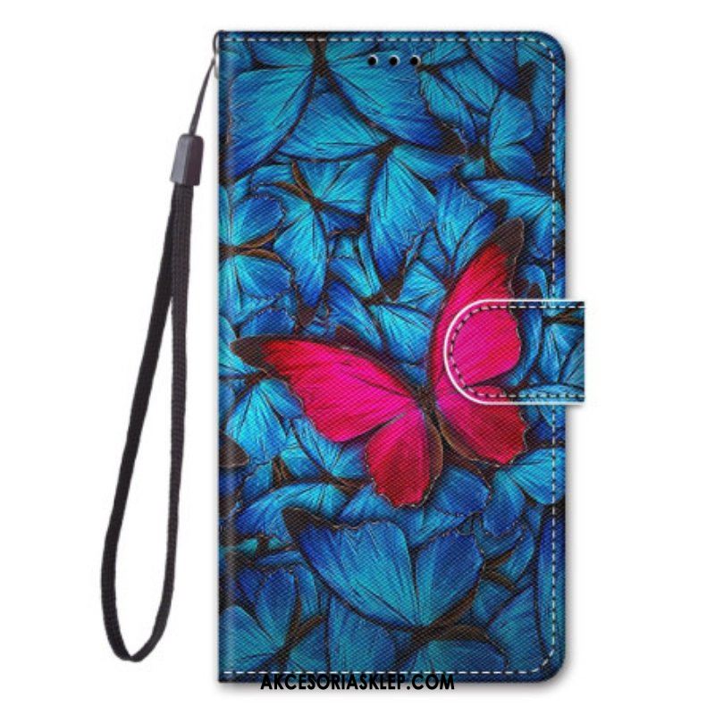 Etui Folio do Samsung Galaxy S23 Ultra 5G Czerwony Motyl Niebieskim Tle