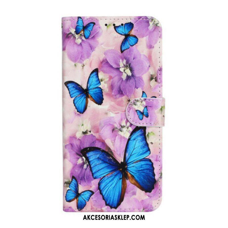 Etui Folio do iPhone 13 Mini Niebieskie Motyle W Kwiatach