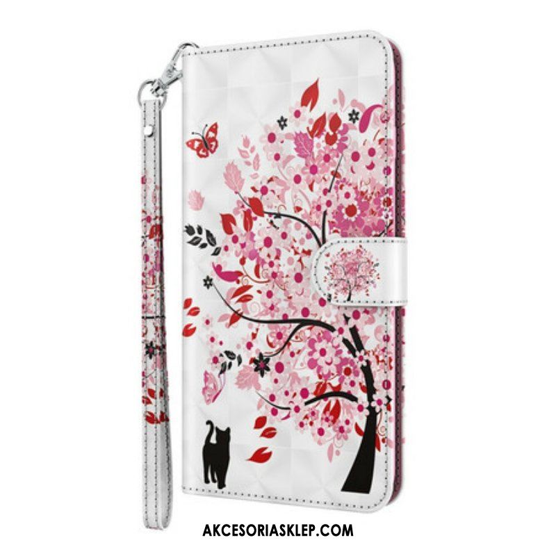 Etui Folio do iPhone 13 Mini Różowe Drzewo I Czarny Kot