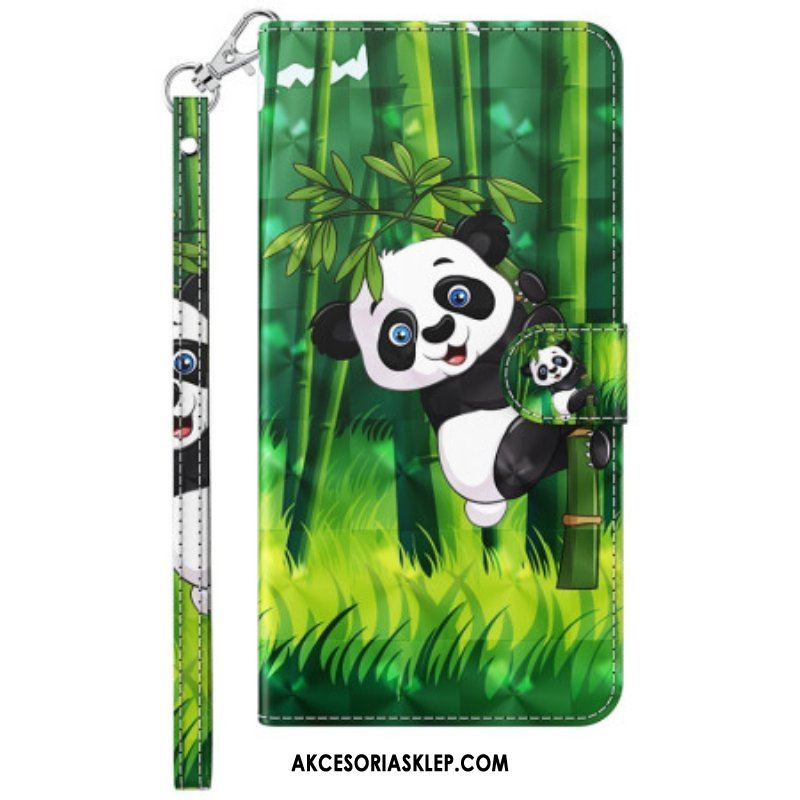 Skórzany Futerał do Samsung Galaxy S23 Ultra 5G z Łańcuch Bambusowa Panda Ze Smyczą