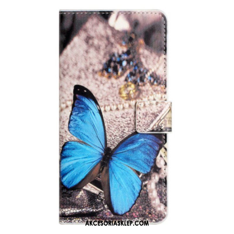 Skórzany Futerał do iPhone 15 Plus Niebieski Motyl